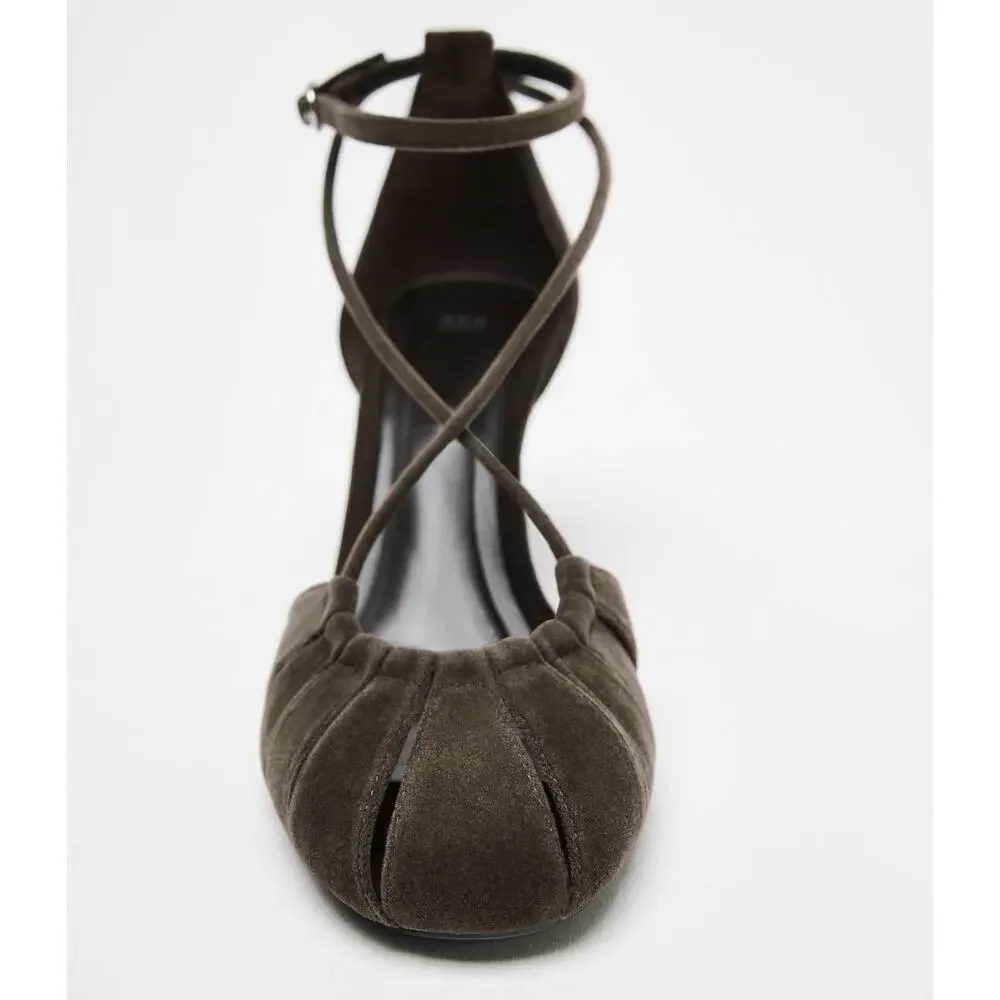 Zara NWT Brown Velvet Cross Strap Balletcore Heels 7.5